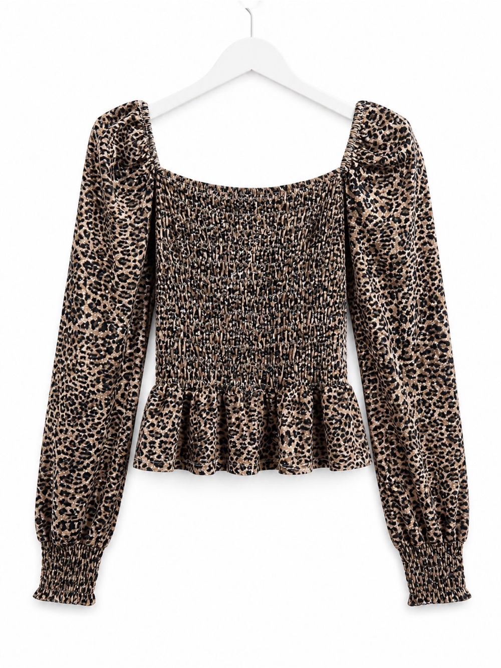 Velvet Leopard Smocked Peplum Long-Sleeve Top - Brown